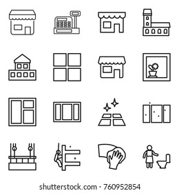Thin line icon set : shop, cashbox, mansion, cottage, window, flower in, clean floor, skysrcapers cleaning, skyscrapers, wiping, toilet