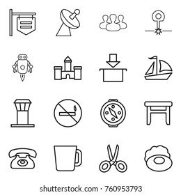 Thin line icon set : shop signboard, satellite antenna, group, laser, jet robot, castle, package, sail boat, airport tower, no smoking, compass, stool, phone, cup, scissors, soap