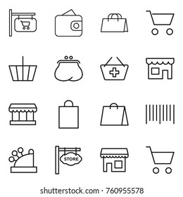 Thin line icon set : shop signboard, wallet, shopping bag, cart, basket, purse, add to, market, bar code, cashbox, store
