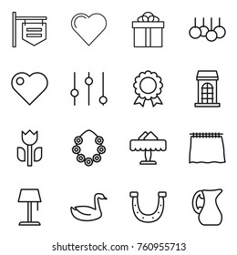 Thin line icon set : shop signboard, heart, gift, sale, equalizer, medal, building, perishable, hawaiian wreath, restaurant, curtain, floor lamp, goose, horseshoe, jug