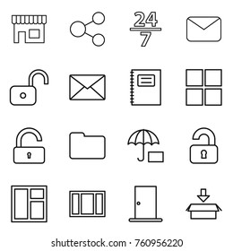 Thin line icon set : shop, share, 24 7, mail, unlock, copybook, window, documents, unlocked, door, package
