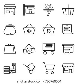 Thin line icon set : shop, signboard, 24 7, basket, purse, add to, delete cart, shopping list, bag, sale, delivery, atm receipt, mall, trolley