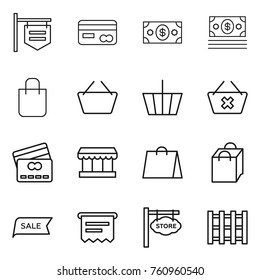 Thin line icon set : shop signboard, card, money, shopping bag, basket, delete cart, credit, market, sale, atm receipt, store, pallet