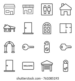 Thin line icon set : shop, wc, home, house with garage, door, arch window, plan, key, do not distrub, welcome mat, please clean