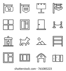 Thin line icon set : shop signboard, billboard, window, door, vip fence, detector, dog, landscape, rack, barn, clean