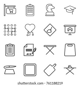 Thin line icon set : shop signboard, clipboard, chess horse, graduate hat, chip, cardio, under construction, presentation, inventory, iron board, cutting