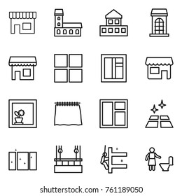 Thin line icon set : shop, mansion, cottage, building, window, flower in, curtain, clean floor, skysrcapers cleaning, skyscrapers, toilet