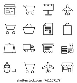 Thin line icon set : shop, cart, billboard, plane, basket, account balance, shopping bag, delivery, atm receipt, mall, port, airplane