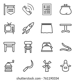 Thin line icon set : shop signboard, call, abacus, purse, tv, rocket, curtain, table, stool, chair, kettle, walnut crack, hand mill, sickle, windmill, apron