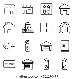 Thin line icon set : shop, wc, home, mansion, plan, arch, key, do not distrub, garage, fridge, welcome mat, please clean