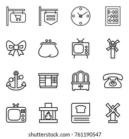 Thin line icon set : shop signboard, clock, abacus, bow, purse, tv, windmill, anchor, wardrobe, dresser, phone, fireplace, cooking book