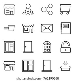 Thin line icon set : shop, share, delivery, mail, copybook, window, door, arch, unlock, package