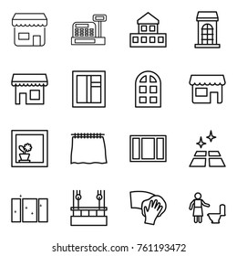 Thin line icon set : shop, cashbox, cottage, building, window, arch, flower in, curtain, clean floor, skysrcapers cleaning, wiping, toilet