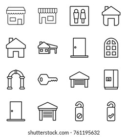 Thin line icon set : shop, wc, home, house with garage, door, arch window, key, fridge, do not distrub, please clean