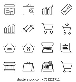 Thin line icon set : shop, wallet, diagram, sale, graph up, down arrow, cart, add to, remove from basket, delete, market scales, shopping list, bag, cashbox
