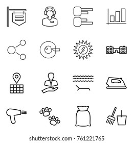 Thin line icon set : shop signboard, call center, diagram, graph, molecule, cell corection, sun power, school, map, client, lounger, iron, hair dryer, pets, flour, bucket and broom