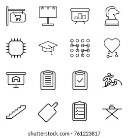 Thin line icon set : shop signboard, billboard, presentation, chess horse, chip, graduate hat, cardio, clipboard, check, surfer, stairs, cutting board, list, iron