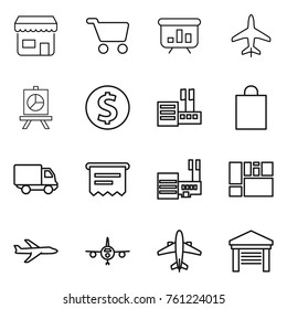 Thin line icon set : shop, cart, presentation, plane, dollar coin, store, shopping bag, delivery, atm receipt, mall, consolidated cargo, airplane, garage