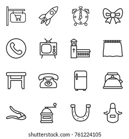 Thin line icon set : shop signboard, rocket, alarm clock, bow, phone, tv, church, curtain, stool, fridge, kettle, walnut crack, hand mill, horseshoe, apron