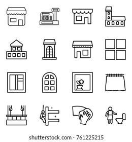 Thin line icon set : shop, cashbox, mansion, cottage, building, window, arch, flower in, curtain, skysrcapers cleaning, skyscrapers, wiping, toilet