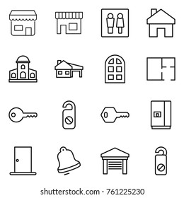 Thin line icon set : shop, wc, home, mansion, house with garage, arch window, plan, key, do not distrub, fridge, door, bell