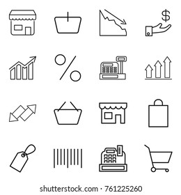 Thin line icon set : shop, basket, crisis, investment, diagram, percent, cashbox, graph up, down arrow, shopping bag, label, bar code, cart