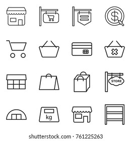 Thin line icon set : shop, signboard, dollar arrow, cart, basket, credit card, delete, market, shopping bag, store, hangare, heavy, rack