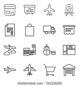 Thin line icon set : shop, presentation, plane, account balance, shopping bag, delivery, atm receipt, journey, mall, port, consolidated cargo, airplane, cart, garage