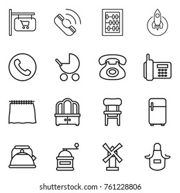 Thin line icon set : shop signboard, call, abacus, rocket, phone, baby stroller, curtain, dresser, chair, fridge, kettle, hand mill, windmill, apron
