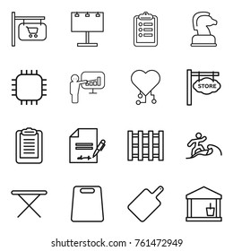 Thin line icon set : shop signboard, billboard, clipboard, chess horse, chip, presentation, cardio, store, inventory, pallet, surfer, iron board, cutting, utility room