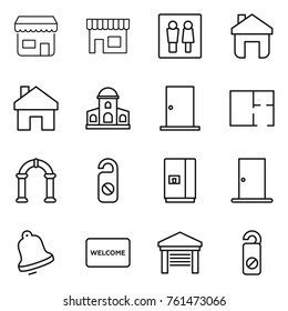 Thin line icon set : shop, wc, home, mansion, door, plan, arch, do not distrub, fridge, bell, welcome mat, garage