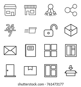 Thin line icon set : shop, share, 24 7, delivery, unlock, box, mail, copybook, window, door, package