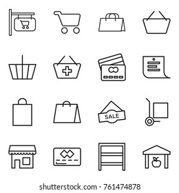 Thin line icon set : shop signboard, cart, shopping bag, basket, add to, credit card, list, sale, cargo stoller, rack, warehouse