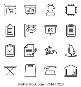 Thin line icon set : shop signboard, presentation, chess horse, chip, clipboard, check, inventory, surfer, windsurfing, iron board, cutting, utility room