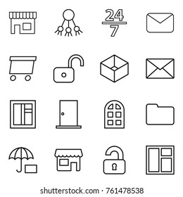 Thin line icon set : shop, share, 24 7, mail, delivery, unlock, box, window, door, arch, documents, insurance, unlocked