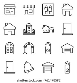Thin line icon set : shop, wc, home, mansion, house with garage, door, arch window, do not distrub, bell
