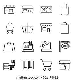 Thin line icon set : shop, card, money, shopping bag, add to cart, basket, cashbox, store signboard, mall, bar code