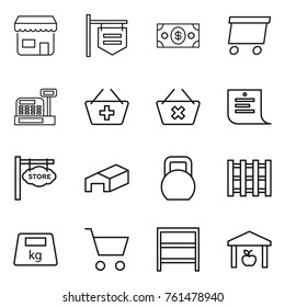Thin line icon set : shop, signboard, money, delivery, cashbox, add to basket, delete cart, shopping list, store, warehouse, heavy, pallet, rack