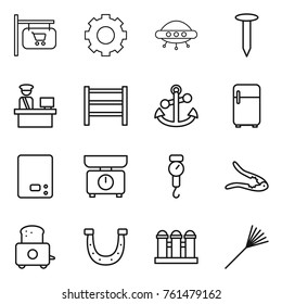Thin line icon set : shop signboard, gear, ufo, nail, customs control, rack, anchor, fridge, kitchen scales, handle, walnut crack, toaster, horseshoe, grain elevator, rake