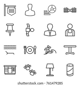 Thin line icon set : shop signboard, man, diagram, school, pin, satellite, client, workman, lounger, cafe, surfer, table, wardrobe, pets, floor lamp, cleanser powder