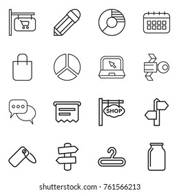 Thin line icon set : shop signboard, pencil, circle diagram, calendar, shopping bag, notebook, satellite, discussion, atm receipt, signpost, label, hanger, bank