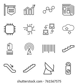Thin line icon set : shop signboard, diagram, graph, newspaper, chip, notebook connect, cloude service, crystall memory, antenna, bar code, stairs, escalator, satellite, do not distrub