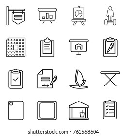 Thin line icon set : shop signboard, presentation, hoverboard, cpu, clipboard, pen, check, inventory, windsurfing, iron board, cutting, utility room, list