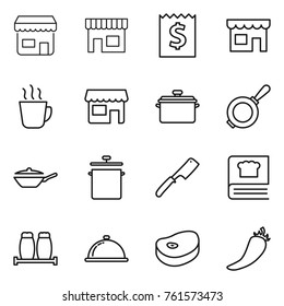 Thin line icon set : shop, receipt, hot drink, pan, chef knife, cooking book, salt pepper, meal cap, steake