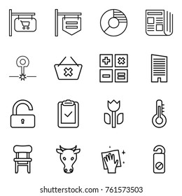 Thin line icon set : shop signboard, circle diagram, newspaper, laser, delete cart, calculator, skyscraper, unlock, clipboard check, perishable, thermometer, chair, cow, wiping, do not distrub