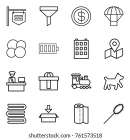 Thin line icon set : shop signboard, funnel, dollar, parachute, atom core, battery, building, map, customs control, hi quality package, train, dog, towels, paper towel, duster