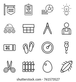Thin line icon set : shop signboard, report, diagram, bulb, lunar rover, market, drawing compasses, workman, ticket, flip flops, barometer, handle scales, scissors, fence, egg, bug