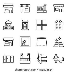 Thin line icon set : shop, cashbox, cottage, building, window, arch, flower in, curtain, clean floor, skysrcapers cleaning, skyscrapers, toilet