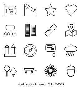 Thin line icon set : shop signboard, crisis, star, heart, structure, skyscrapers, level, map, cargo top sign, barometer, mixer, rain cloud, trees, trailer, flower, acorn