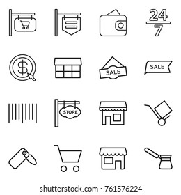 Thin line icon set : shop signboard, wallet, 24 7, dollar arrow, market, sale, bar code, store, trolley, label, cart, turk